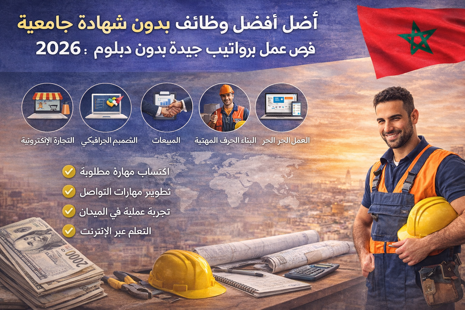 أفضل الوظائف بدون شهادة جامعية 2026: فرص عمل برواتب جيدة بدون دبلوم